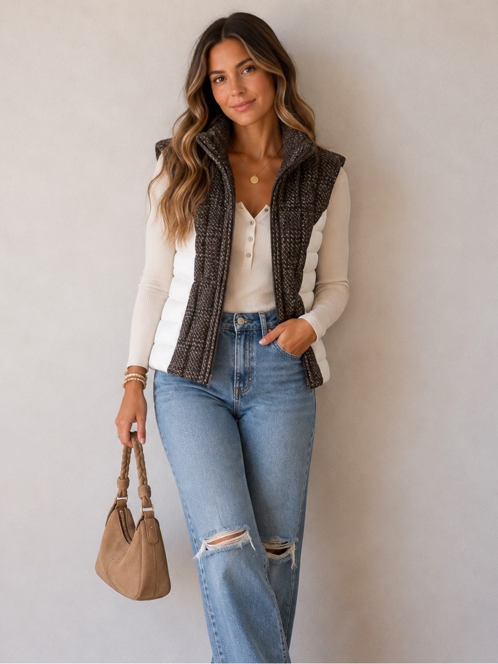 🤎 Ruff Hewn Mixed-Media Puffer Vest | Brown Tweed & White Quilted | M